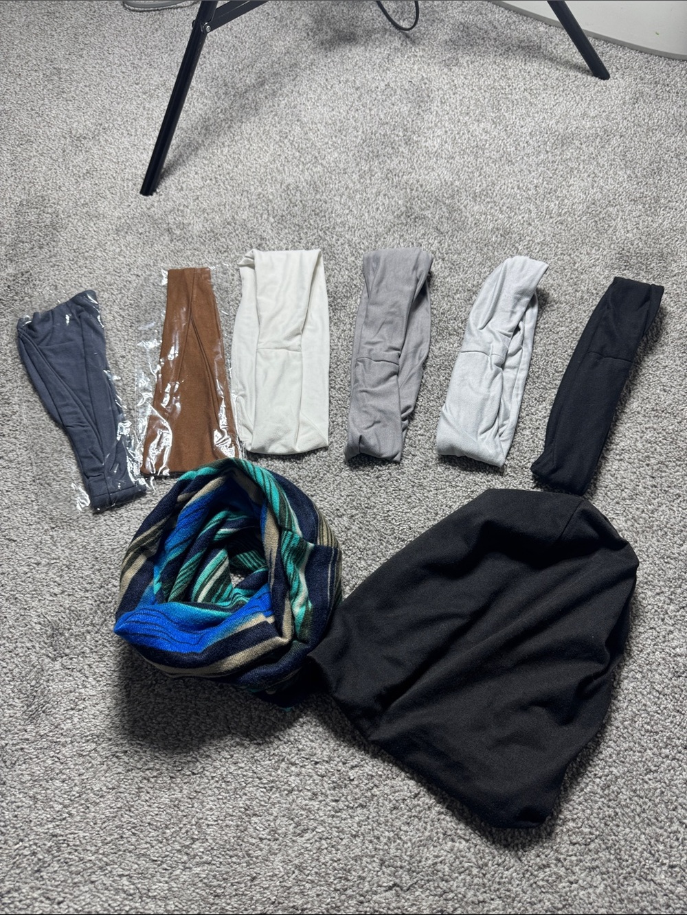 Assorted Headbands. Neck Scarf and beanie.